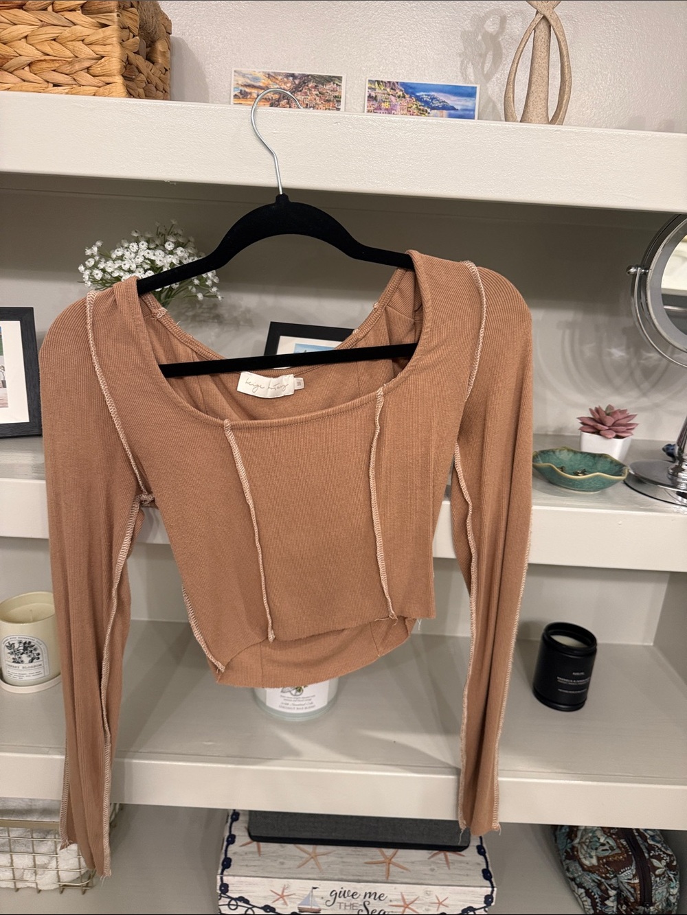 Beige Botany Camel Long Sleeve Cropped Top